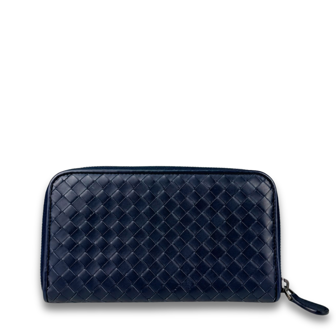 Bottega Veneta Navy Blue Intrecciato Full Size Zip Wallet