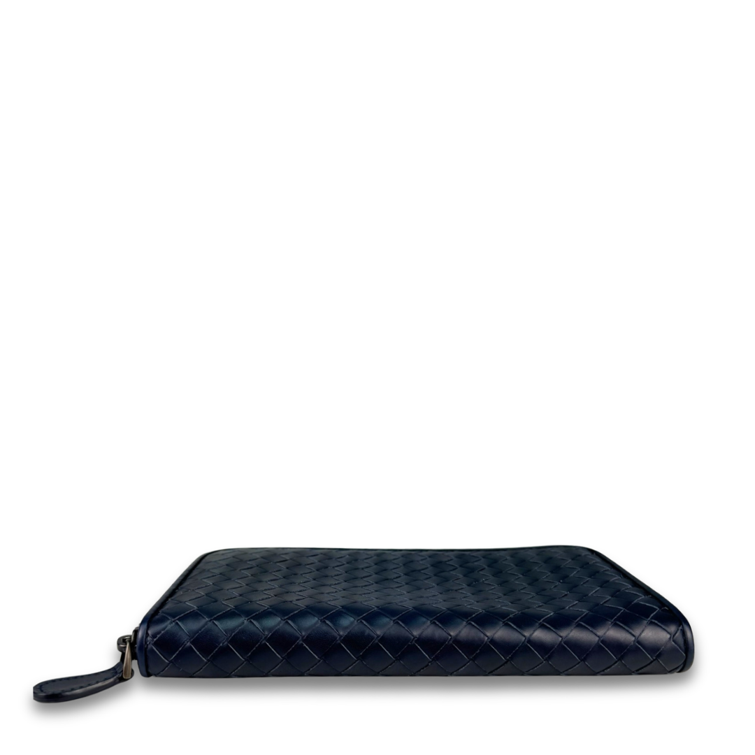 Bottega Veneta Navy Blue Intrecciato Full Size Zip Wallet