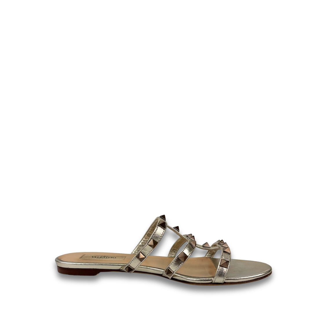 Valentino Metallic Rockstud Flat Sandals - Size 36.5