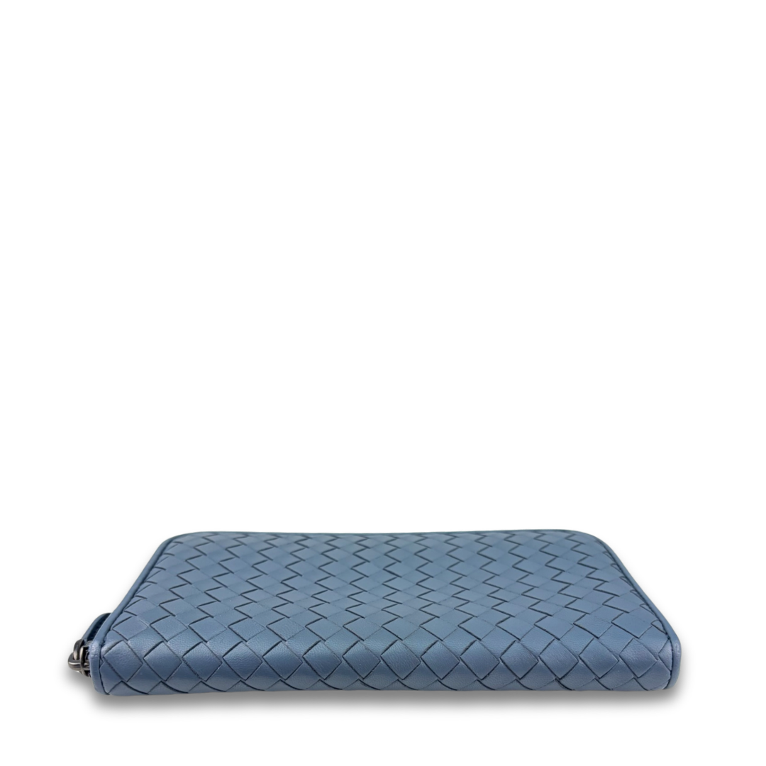 Bottega Veneta Grey Blue Intrecciato Full Size Zip Wallet