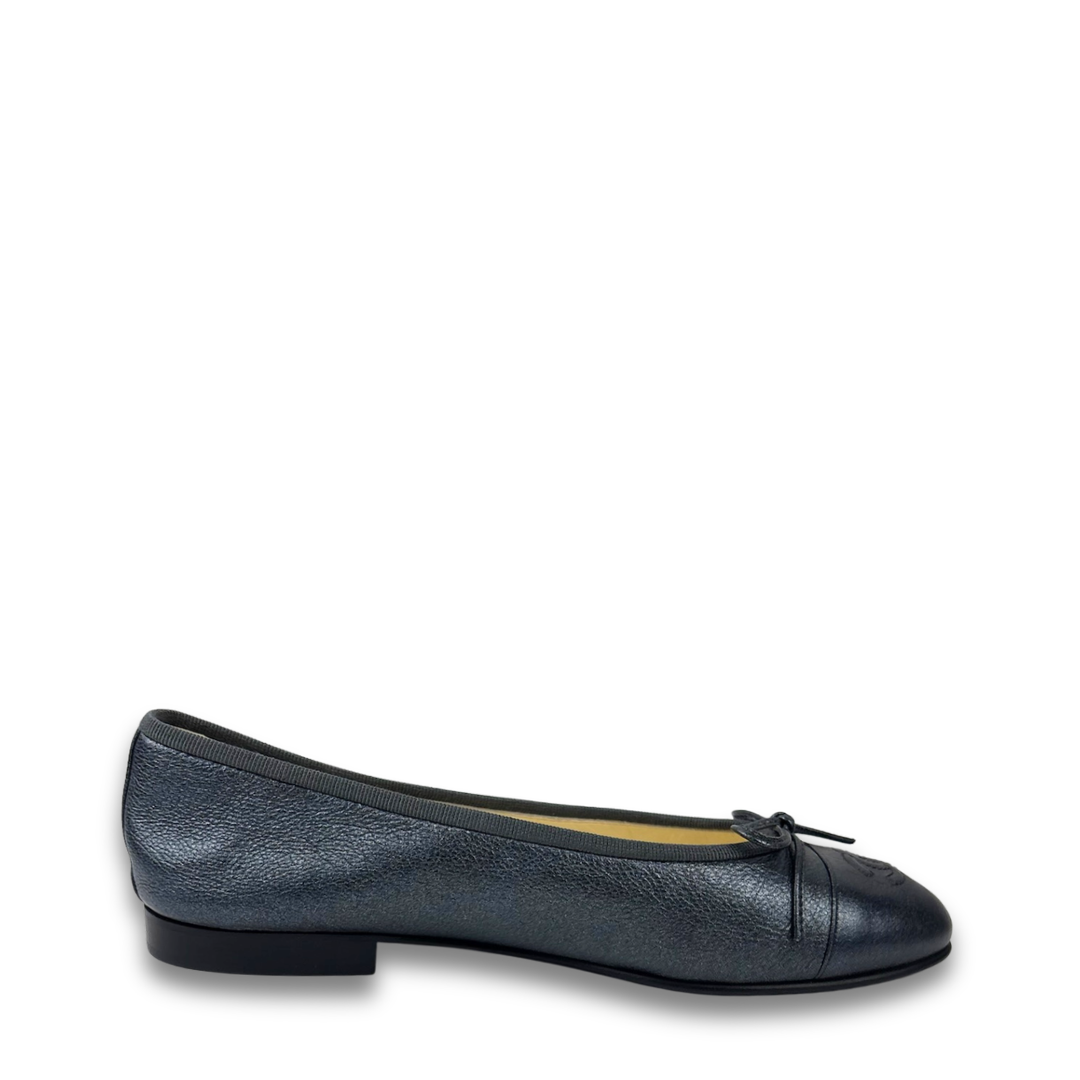 Chanel Metallic Gunmetal Ballet Flats - Size 37.5