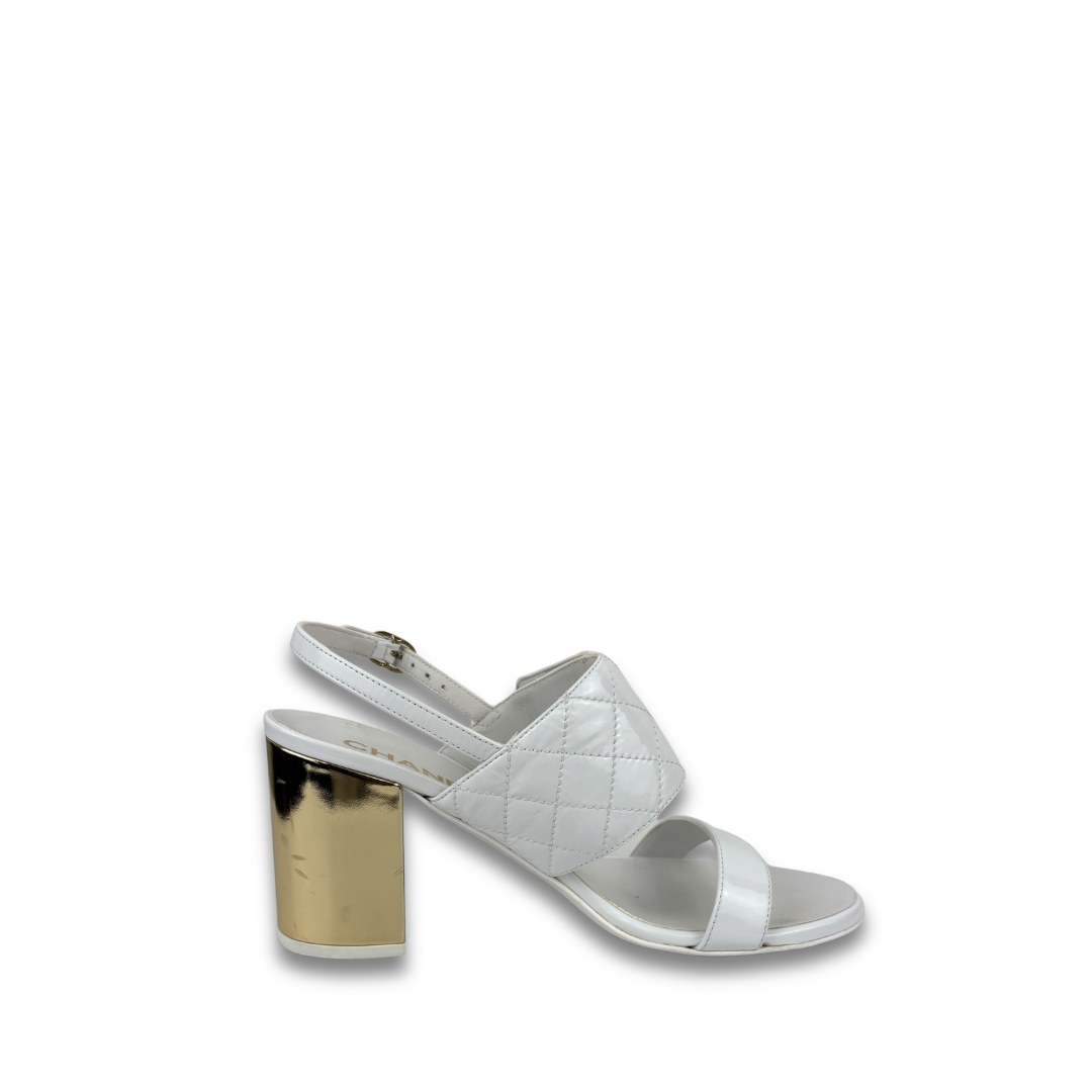 Chanel White Patent Heeled Sandals - Size 37
