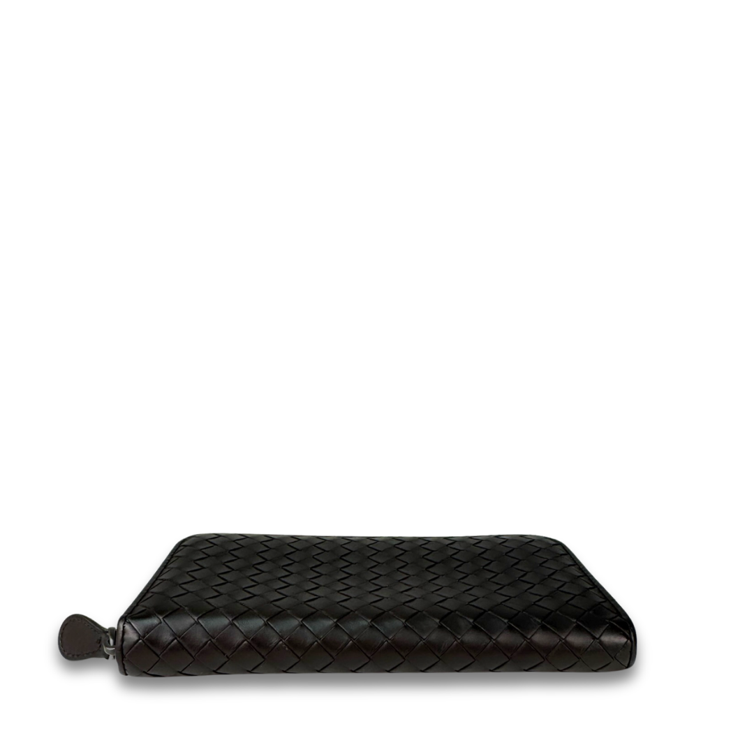 Bottega Veneta Dark Brown Intrecciato Full Size Zip Wallet