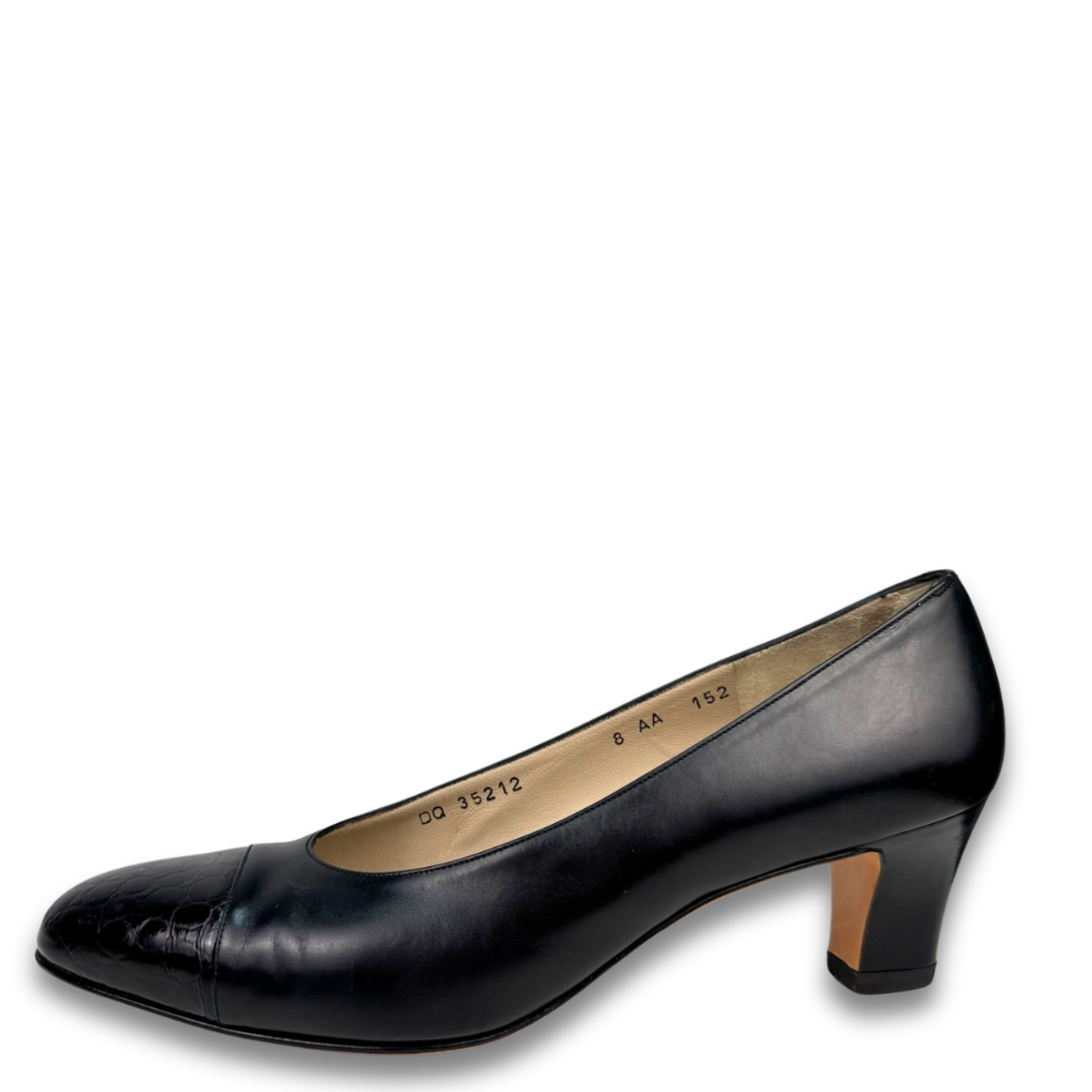 Ferragamo Black Patent Embossed Cap-Toe Pumps - Size 8