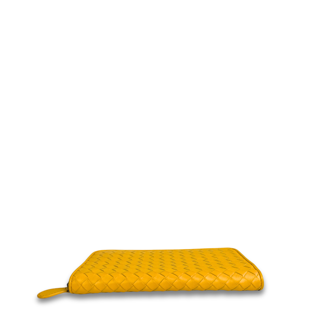 Bottega Veneta Intrecciato Yellow Zip Around Wallet