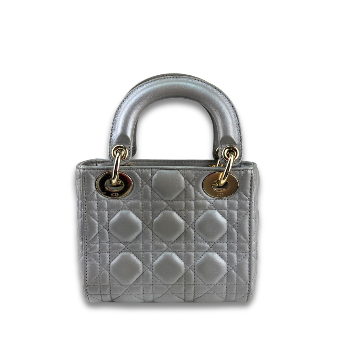 Dior Silver Lambskin Mini Lady Dior