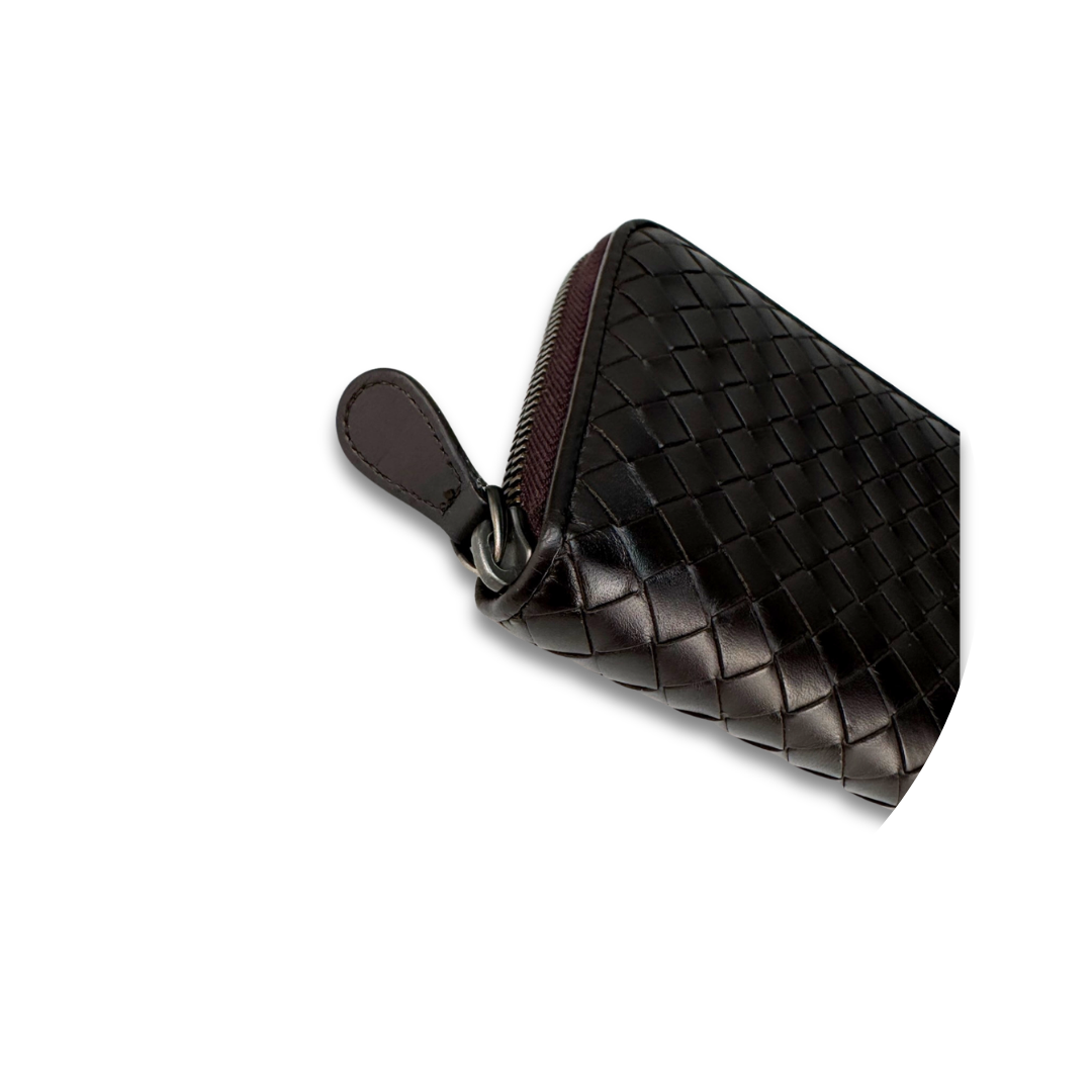 Bottega Veneta Dark Brown Intrecciato Full Size Zip Wallet