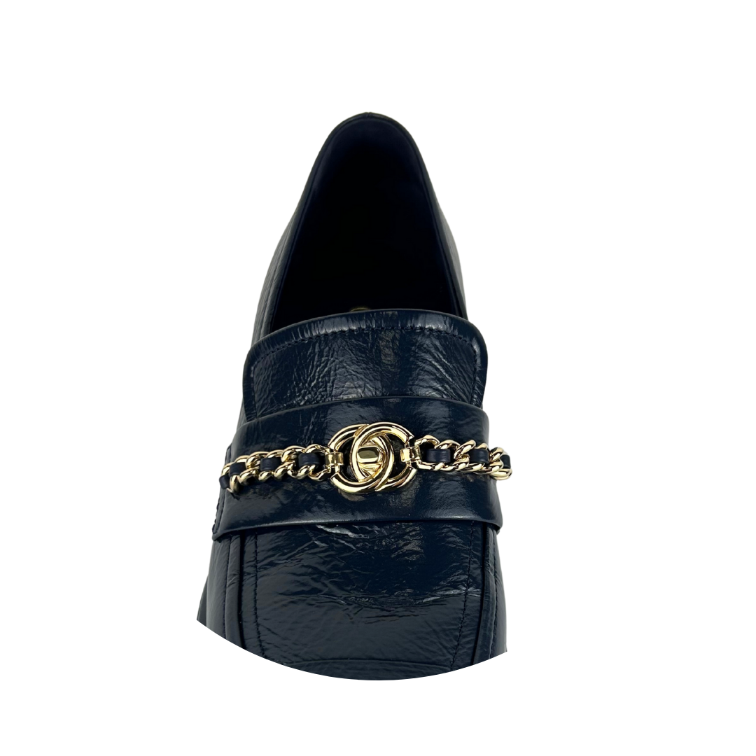 Chanel Navy Patent Chainlink Loafers - Size 37