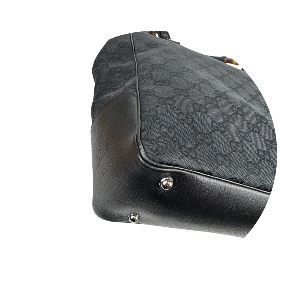 Gucci Black GG Canvas Bamboo Tote