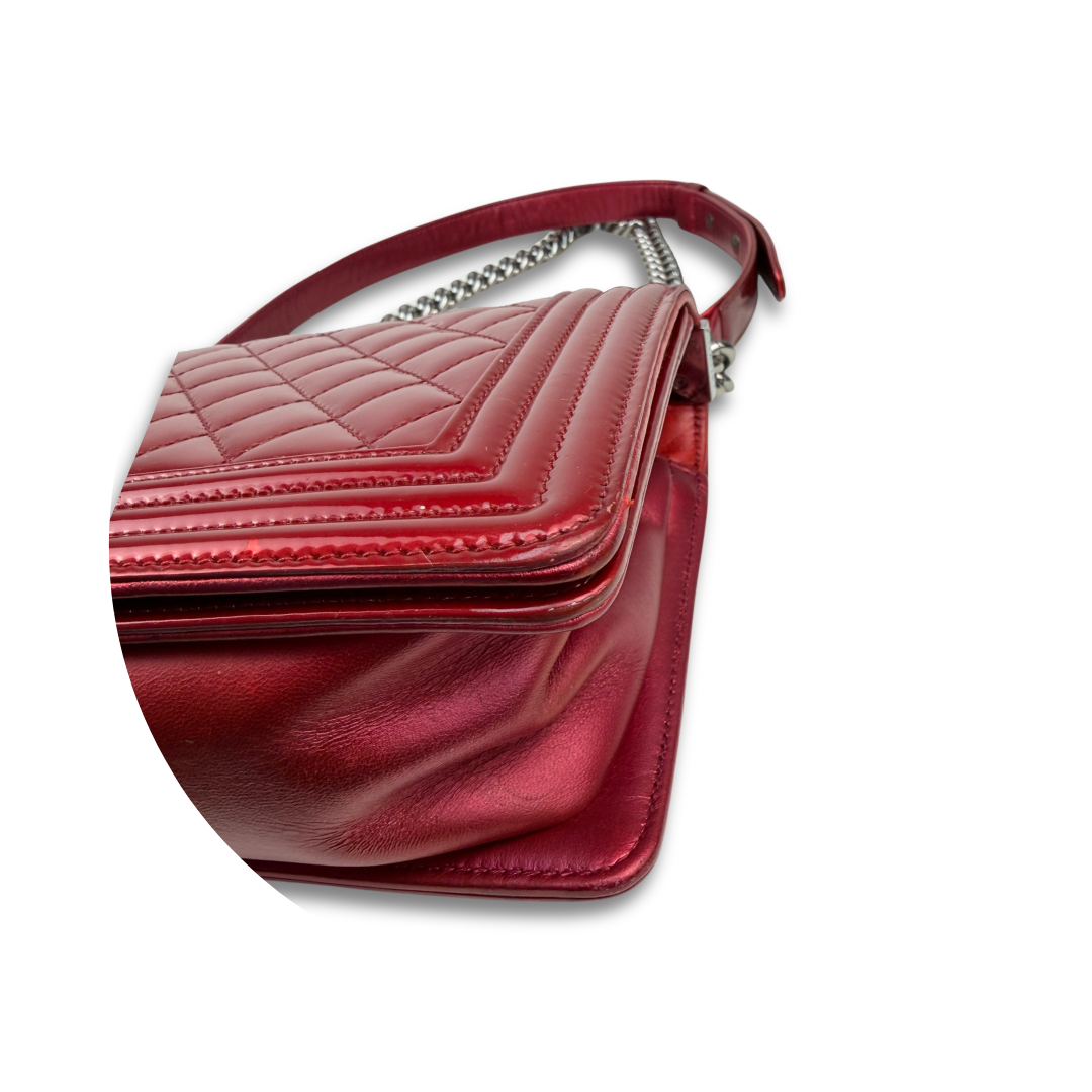 Chanel Red Metallic Patent Leather Medium Boy Bag