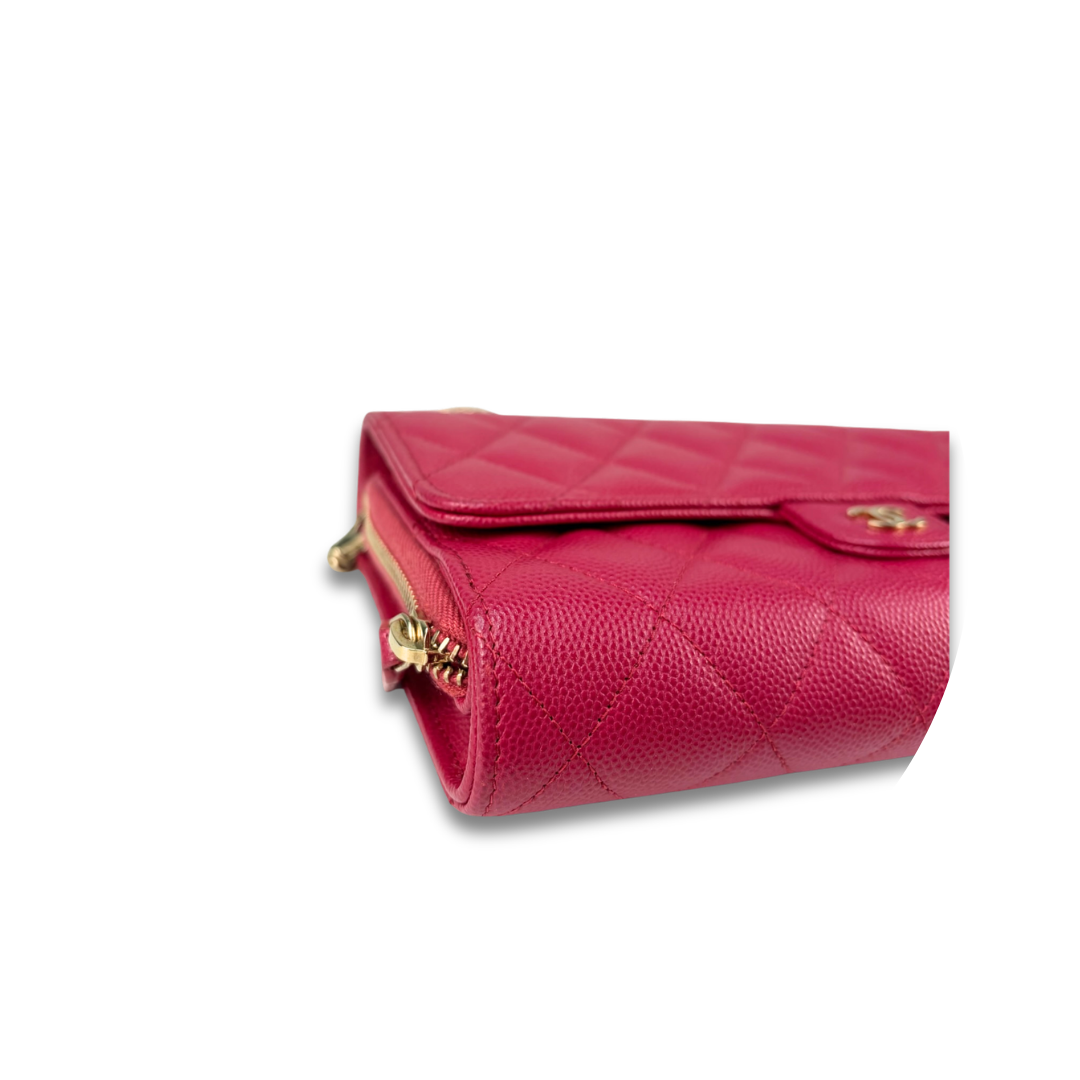 Chanel Dark Pink Caviar Quilted Flap Wallet on Chain