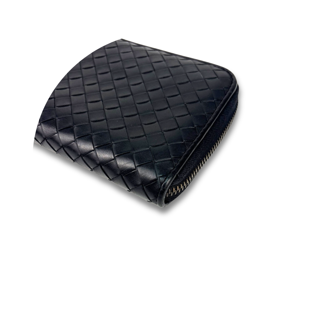 Bottega Veneta Black Intrecciato Full Size Zip Wallet