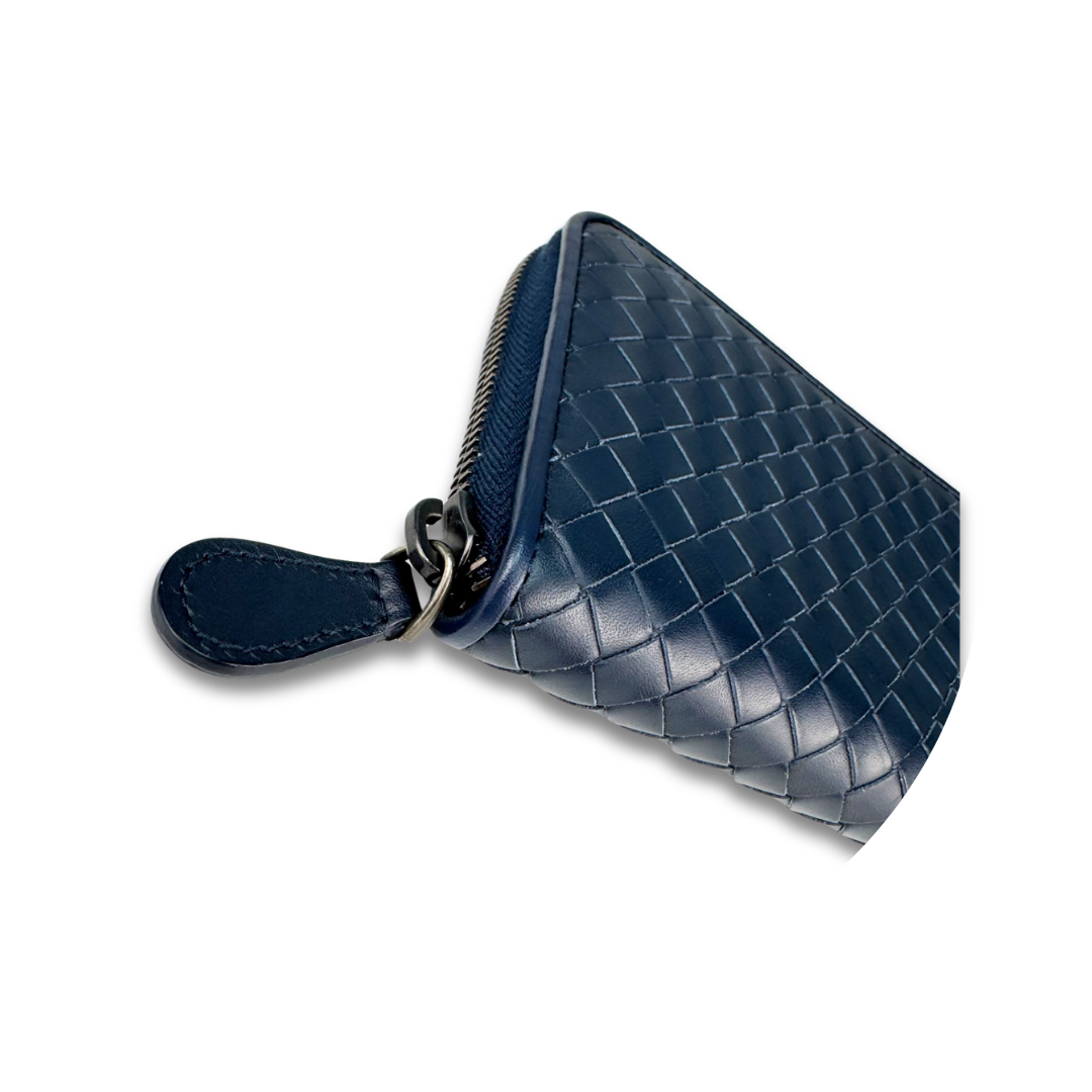 Bottega Veneta Navy Blue Intrecciato Full Size Zip Wallet