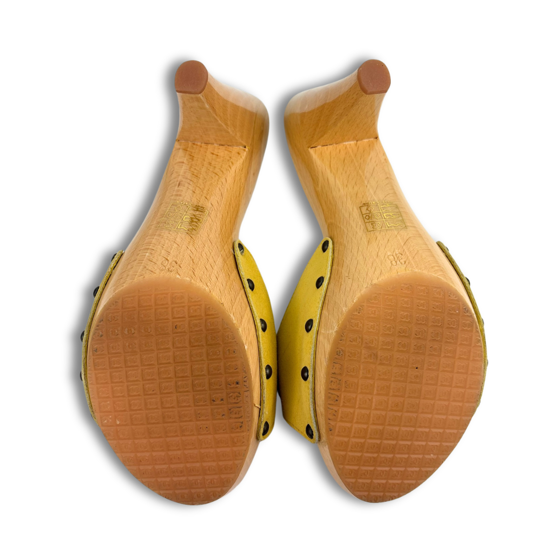 Chanel Yellow Suede Wooden Heels - Size 38