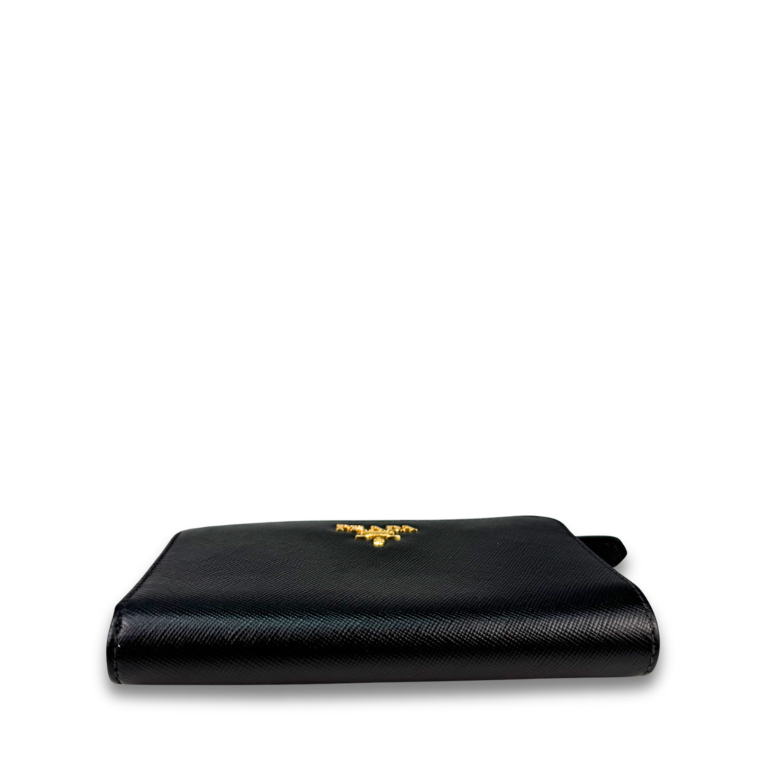 Prada Black Saffiano Mid Size Zipper Wallet