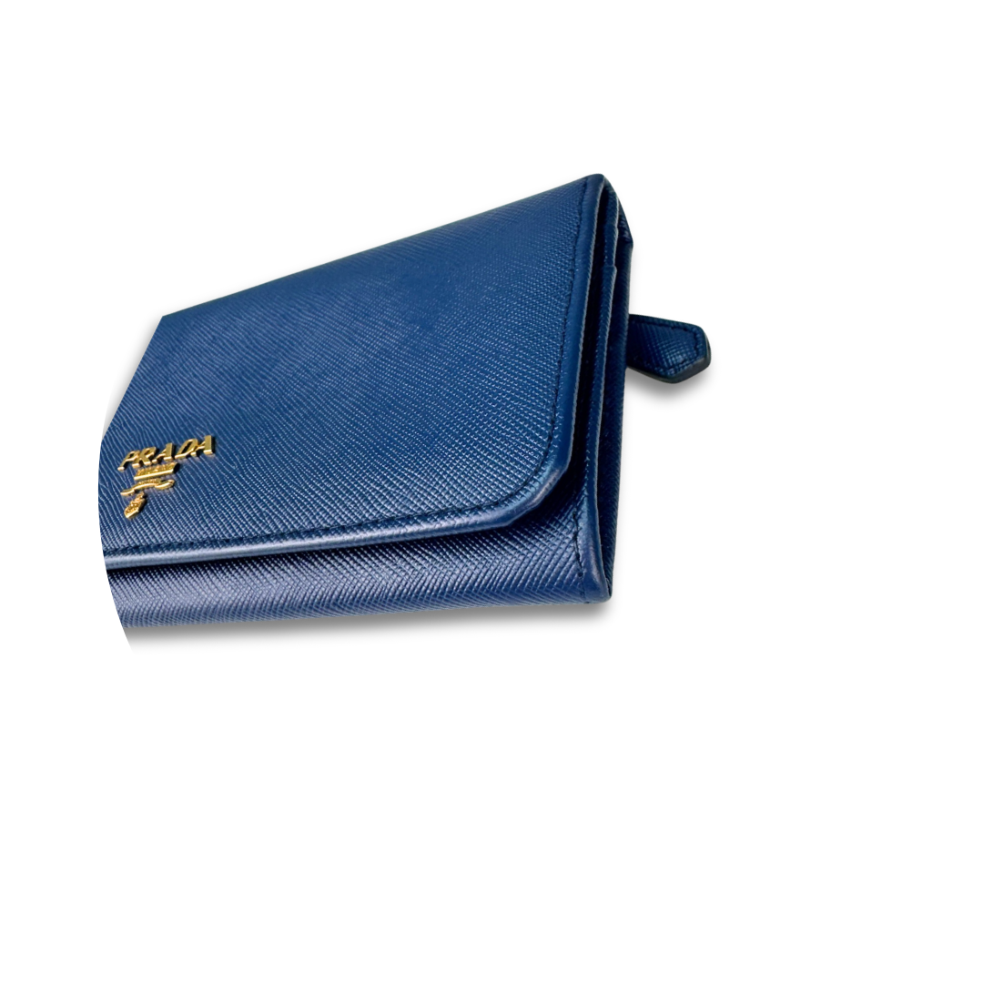Prada Blue Saffiano Continental Snap Wallet