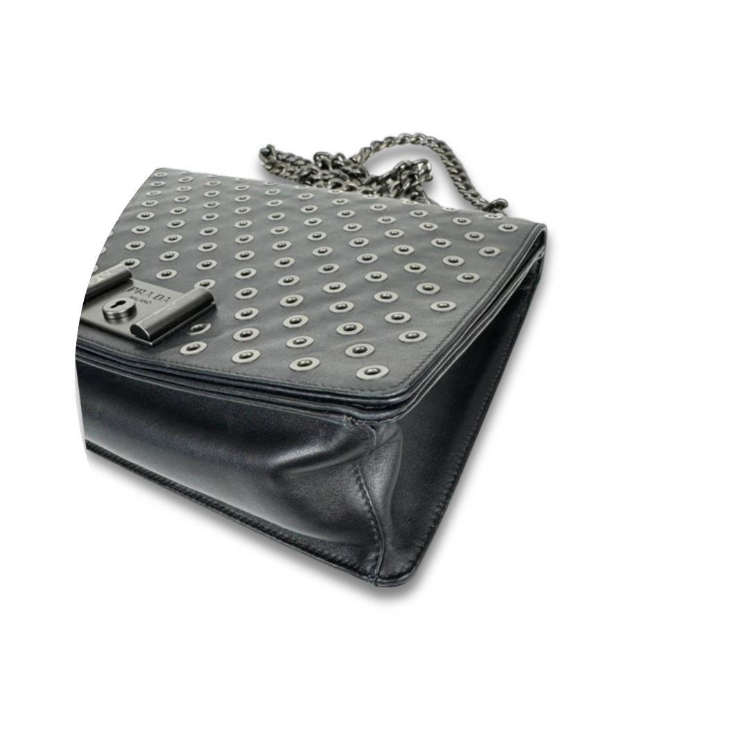 Prada Soft Calf Grommet Lock Flap Chain Shoulder Bag