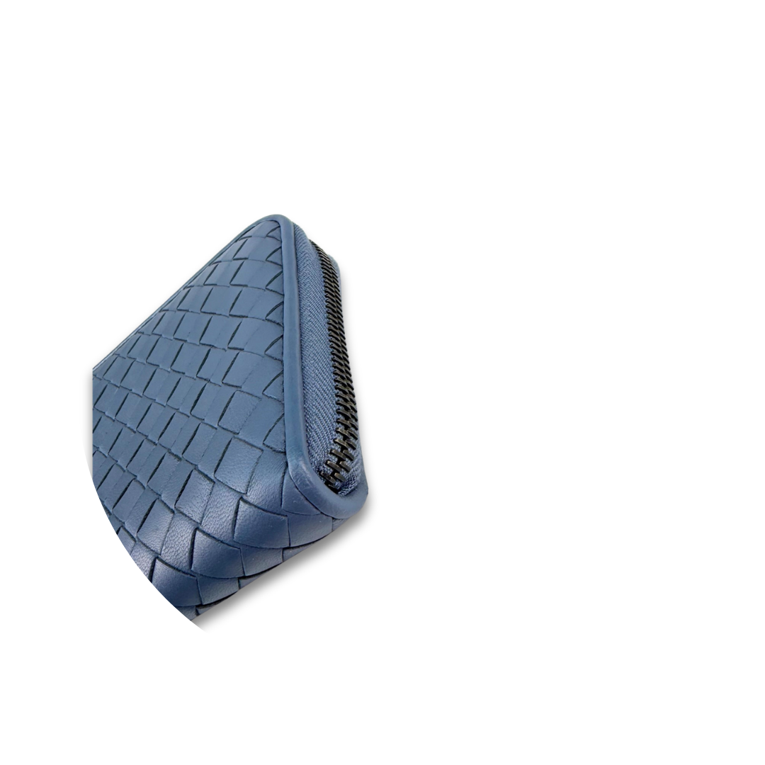Bottega Veneta Grey Blue Intrecciato Full Size Zip Wallet