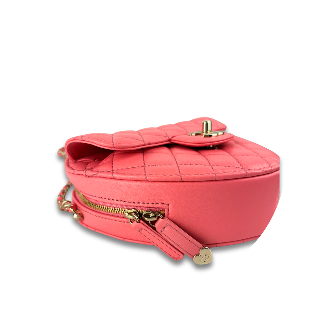 Chanel Pink Quilted CC In Love Heart Clutch with Chain