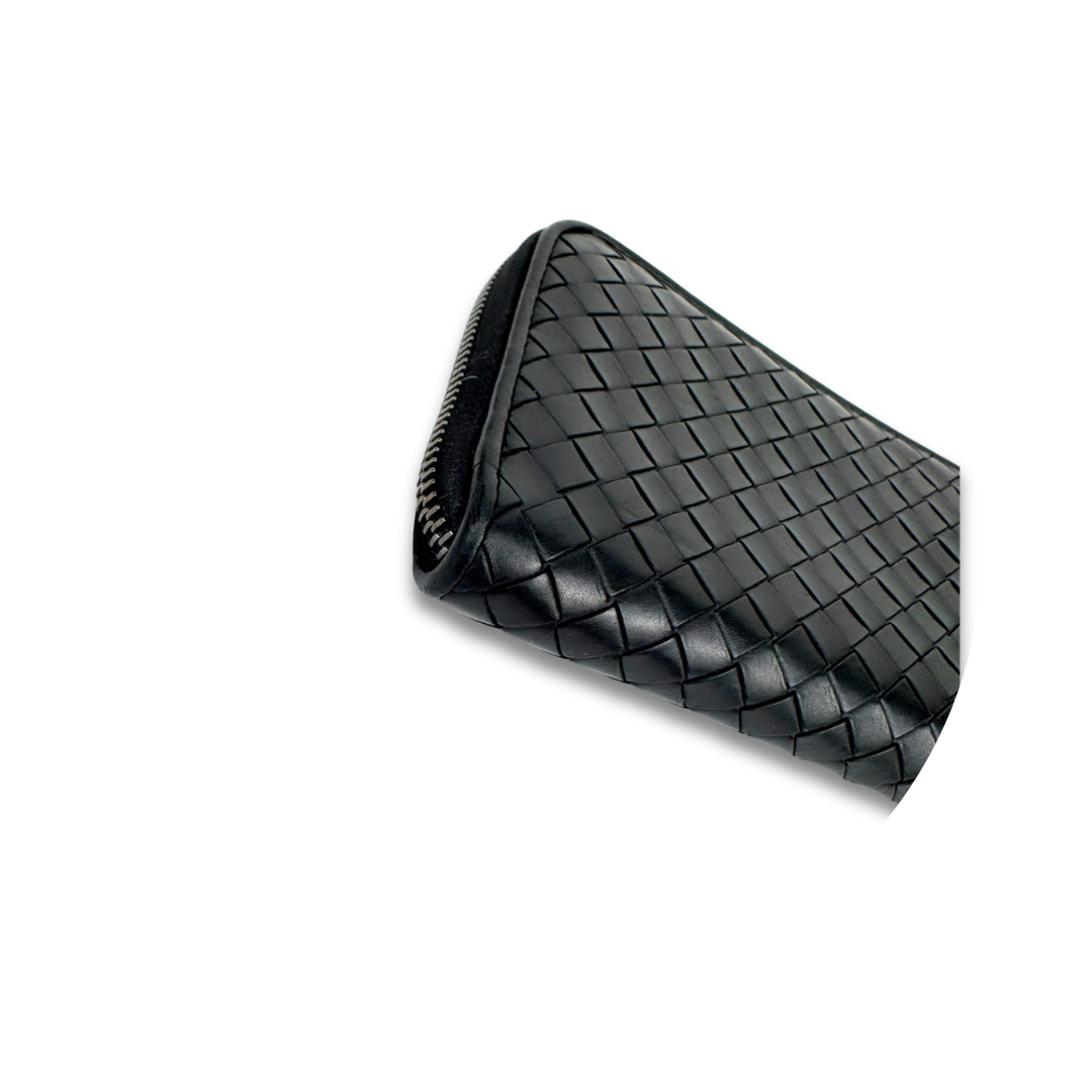 Bottega Veneta Black Intrecciato Zipper Wallet