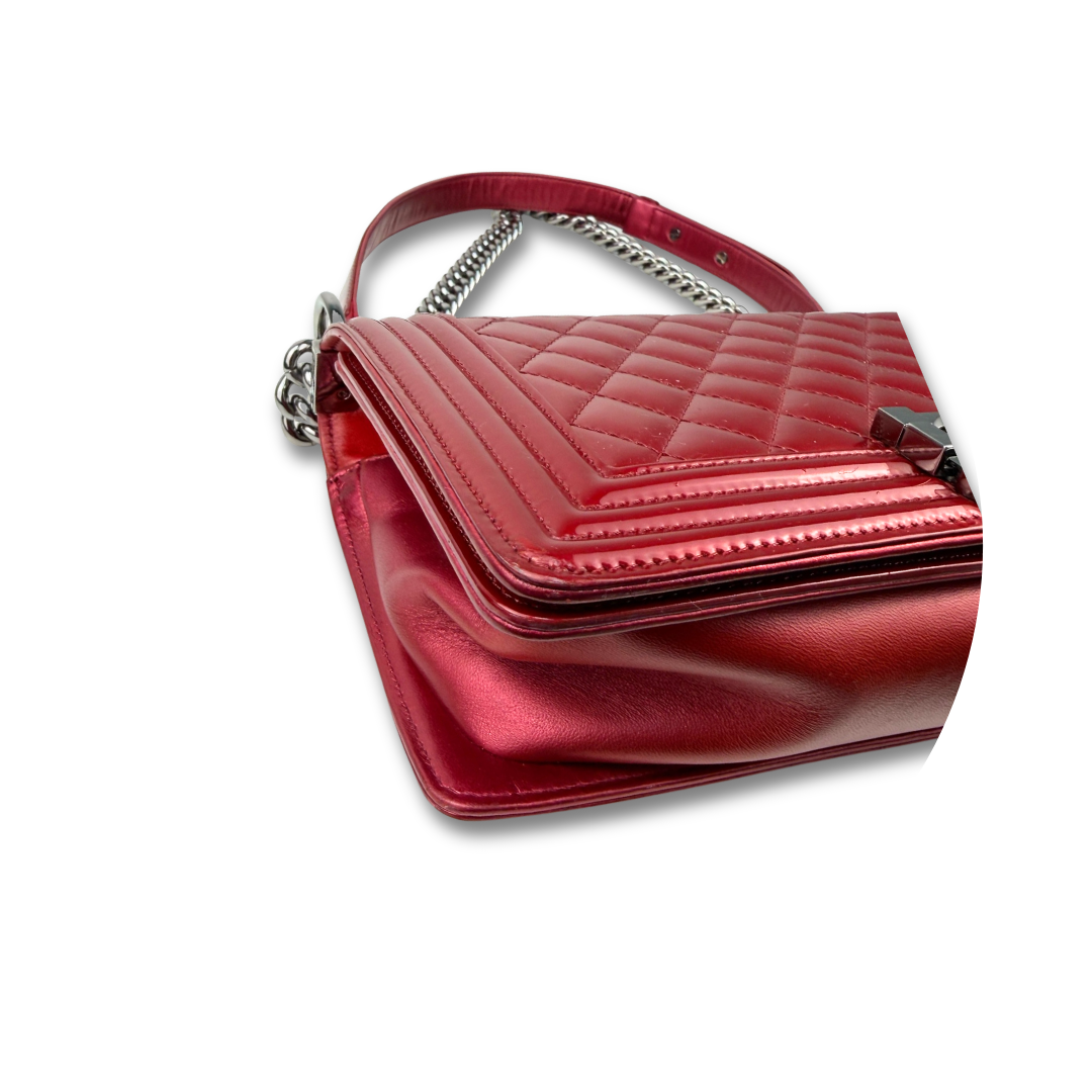 Chanel Red Metallic Patent Leather Medium Boy Bag