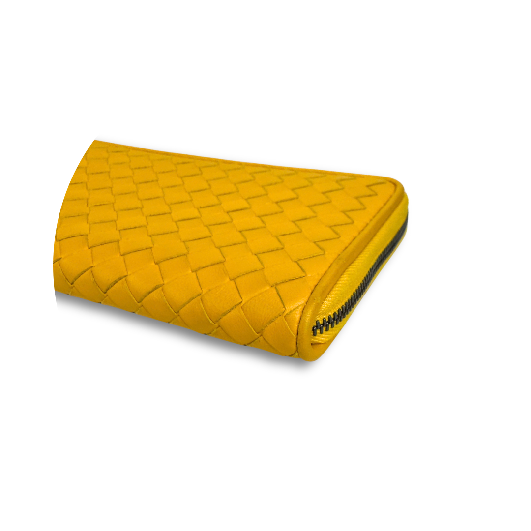 Bottega Veneta Intrecciato Yellow Zip Around Wallet