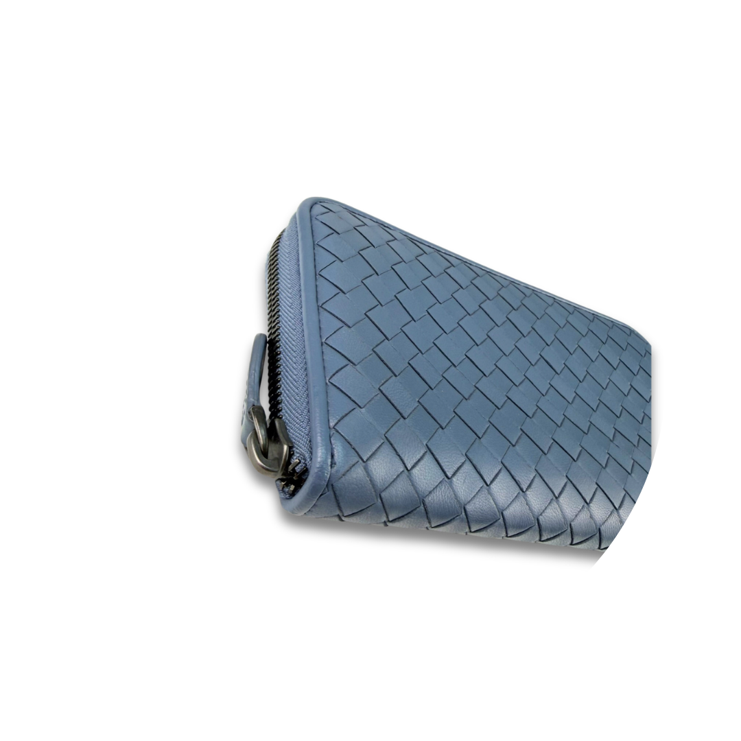 Bottega Veneta Grey Blue Intrecciato Full Size Zip Wallet