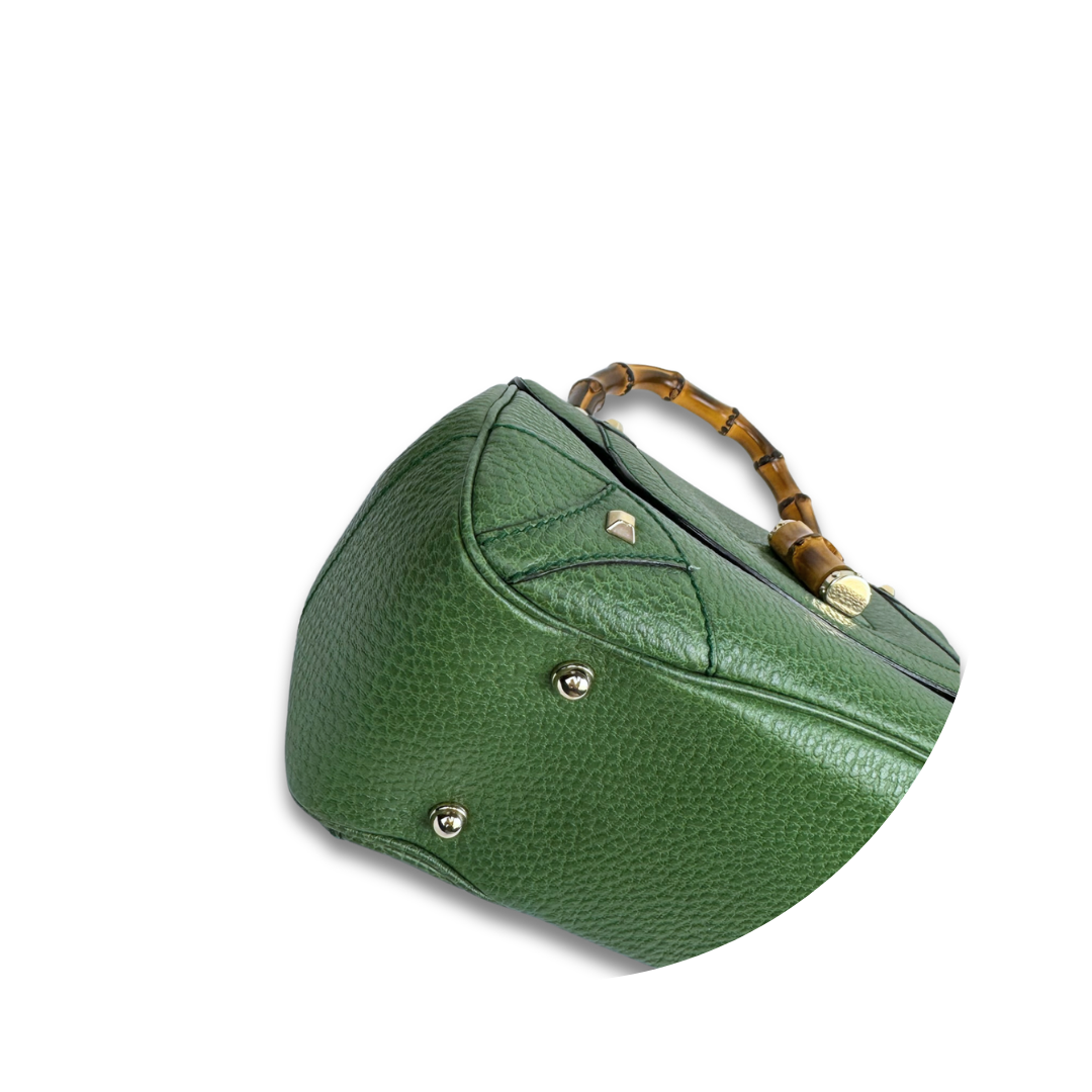 Gucci Green Nailhead Bamboo Top Handle Bag