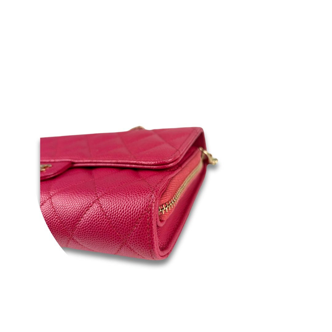 Chanel Dark Pink Caviar Quilted Flap Wallet on Chain