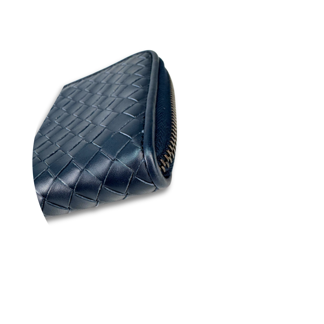 Bottega Veneta Navy Blue Intrecciato Full Size Zip Wallet