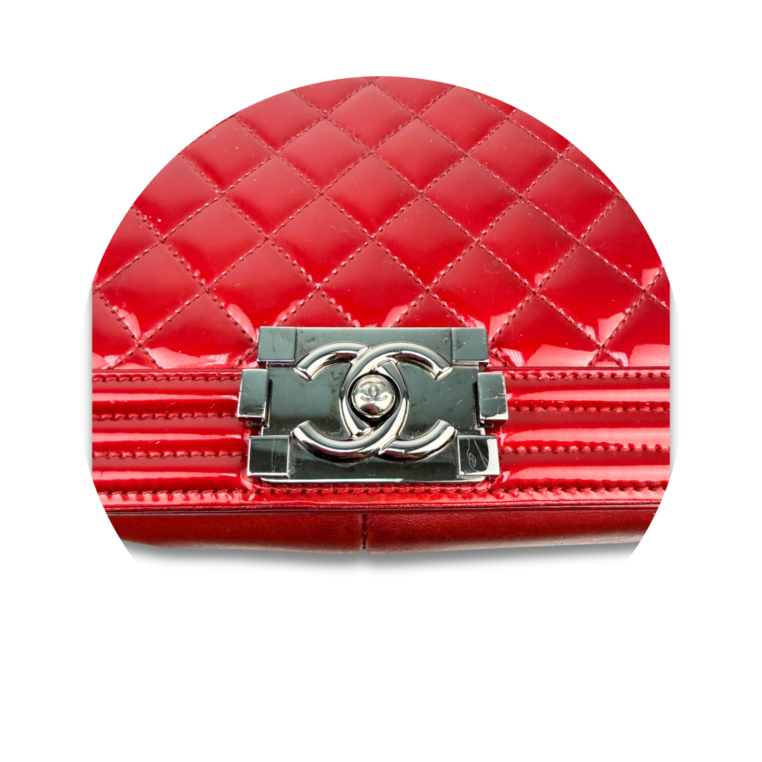 Chanel Red Metallic Patent Leather Medium Boy Bag