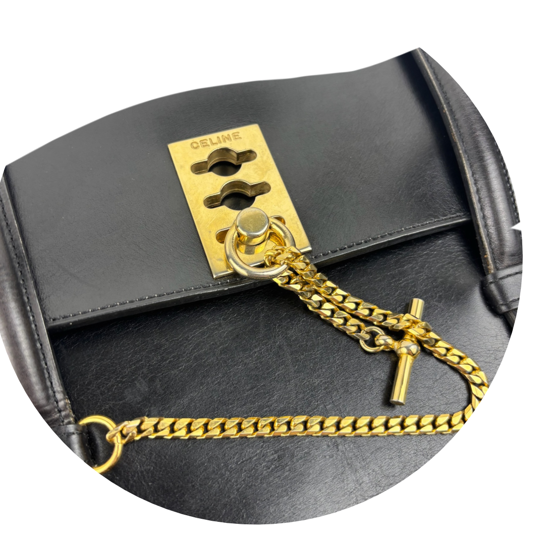Celine Vintage Black Leather Lock Tote