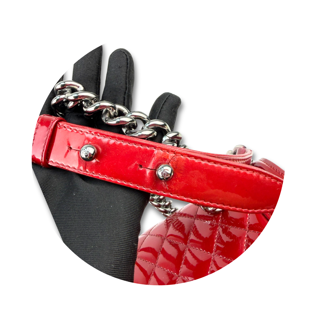 Chanel Red Metallic Patent Leather Medium Boy Bag