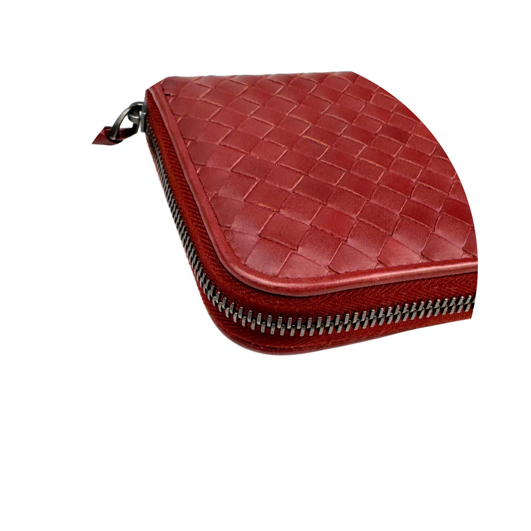 Bottega Veneta Red Intrecciato Full Zip Wallet