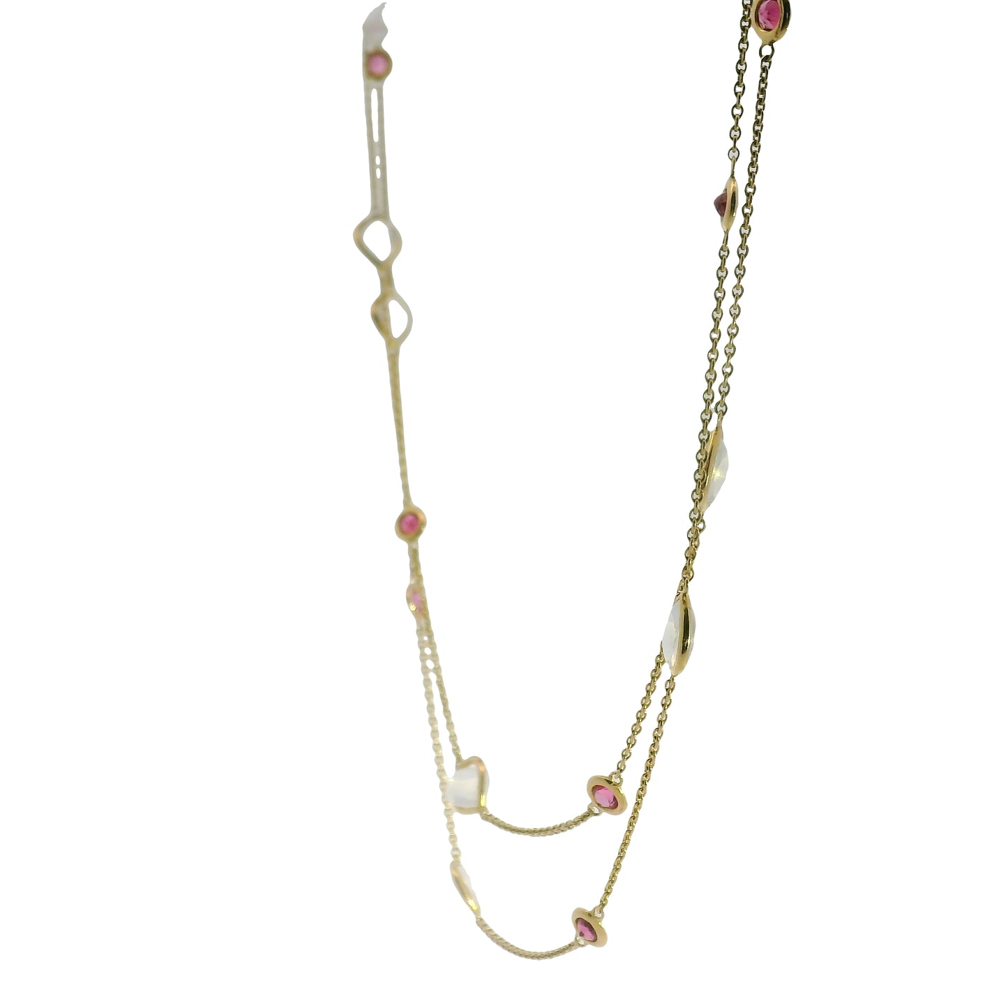 18K Gold Station Necklace - Moonstone & Tourmaline