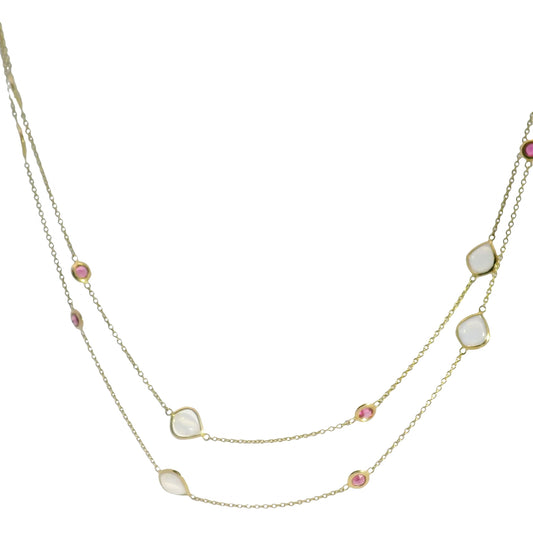 18K Gold Station Necklace - Moonstone & Tourmaline