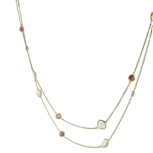 18K Gold Station Necklace - Moonstone & Tourmaline