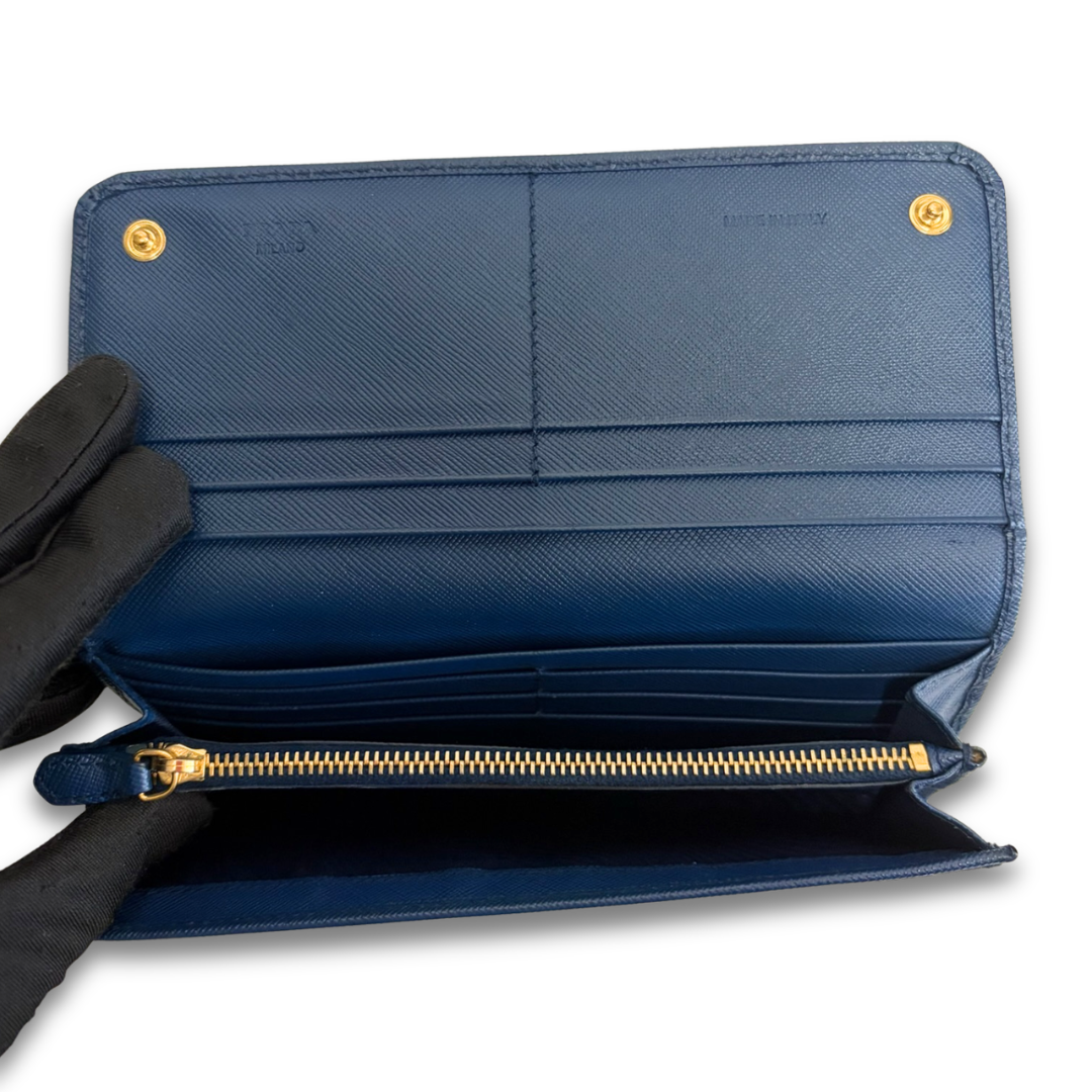 Prada Blue Saffiano Continental Snap Wallet