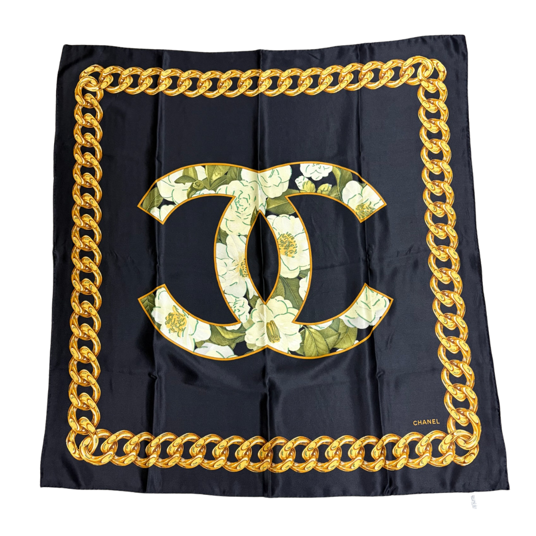 Chanel Black Camellia Logo Scarf